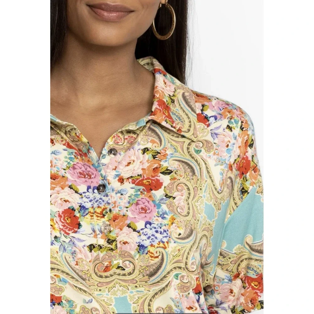 JOHNNY WAS Women Size XXL Rivoray Floral S/S Paisley Polo Tee Shirt Boho Ornate